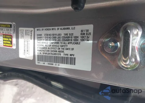 2020 Honda Odyssey Ex-L/Ex-L W/Navi Res z USA, uszkodzony, nr VIN 5FNRL6H70LB051376